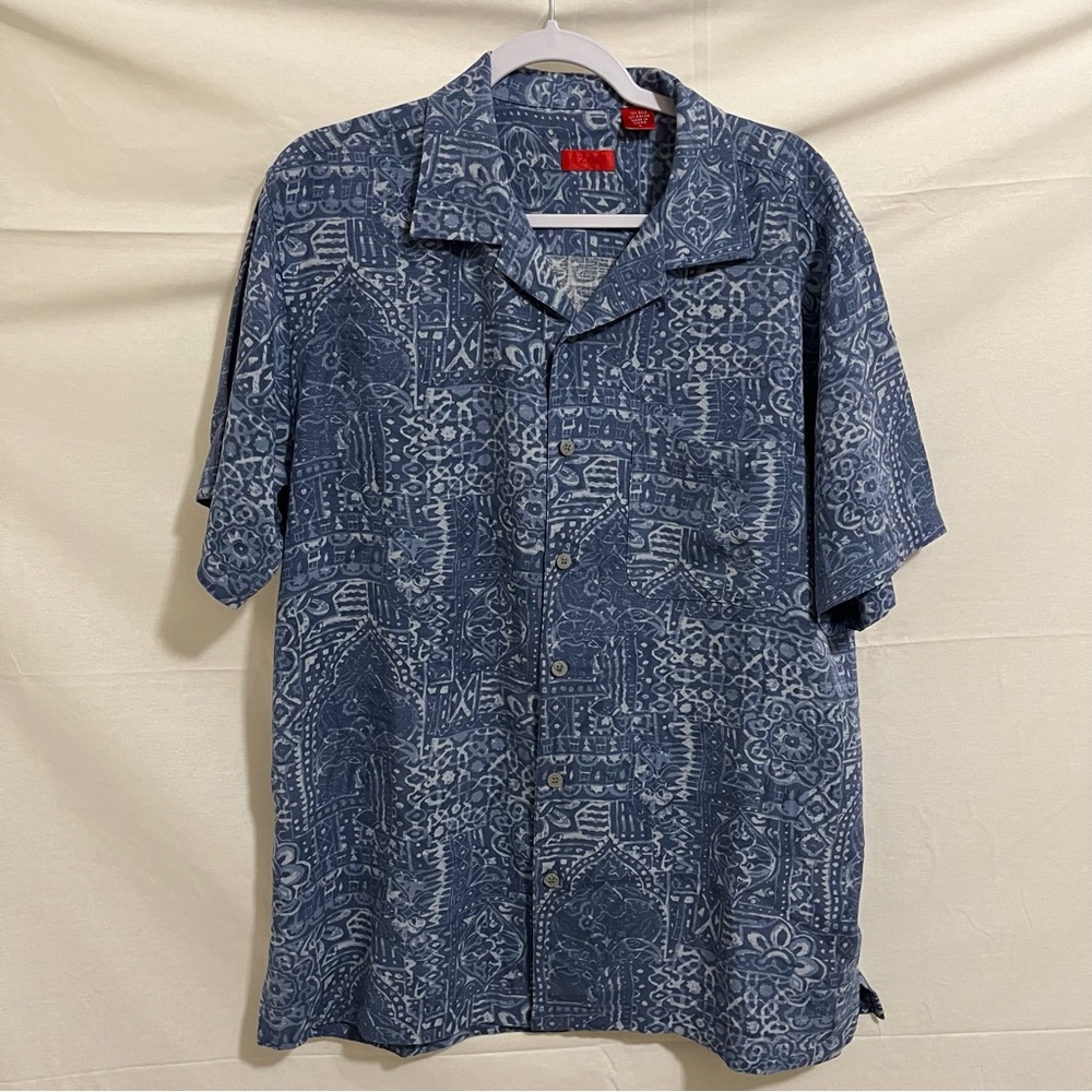 IZOD Mens Silk Short Sleeve Button Up Tropical Shirt Blue Pattern Size Large